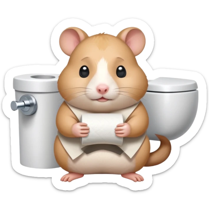 Cute chubby cartoon-style hamster holding toilet paper sitting on toilet looking as if he had an accident, sticker-style illustration sticker