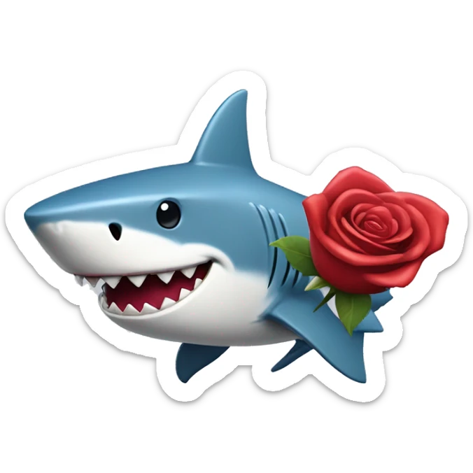 A shark with a big smile holding a rose and a big heart shaped box of chocolates sticker