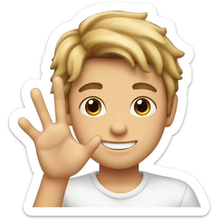 boy with brown hair and blond highlights who smiles and makes the sign of the horns with his hand sticker