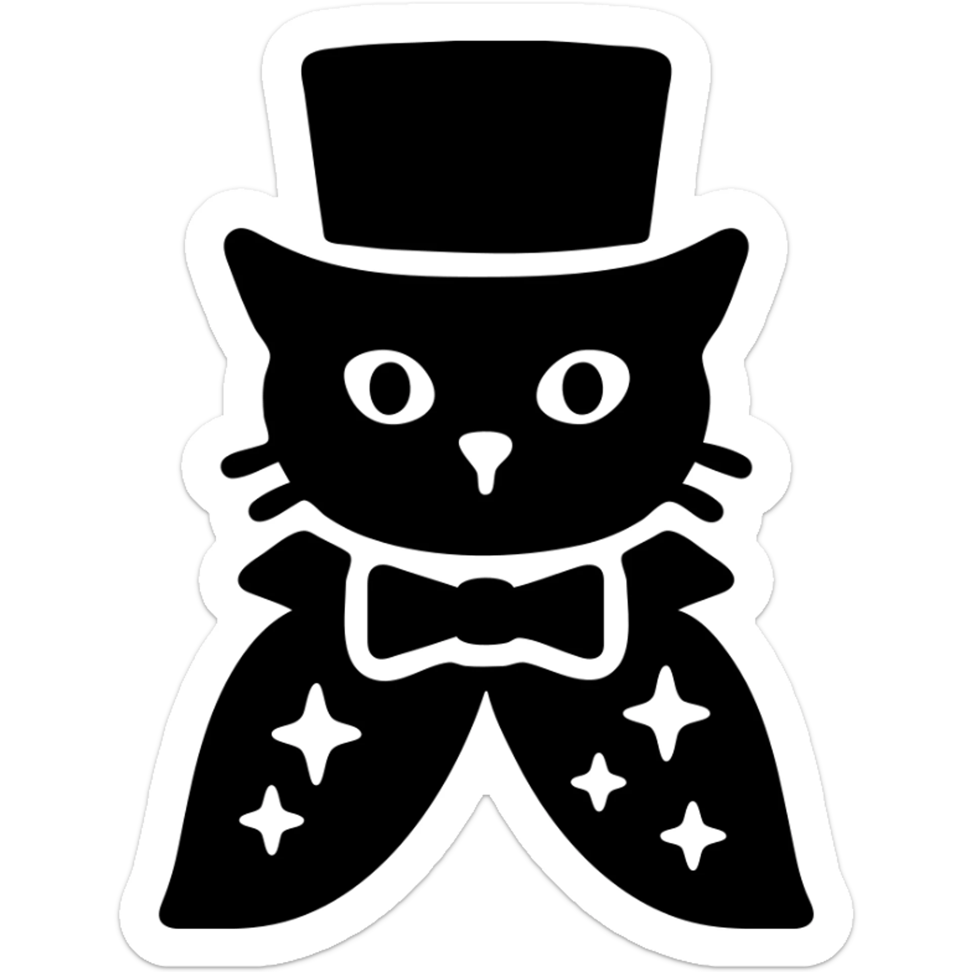 A magician cat in a top hat, a bowtie and a purple cape with stars sticker
