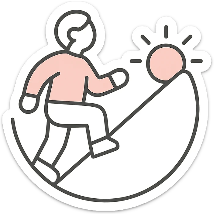 self improvement logo, geometric shapes, rising sun, person climbing, bold purple and gold colors sticker