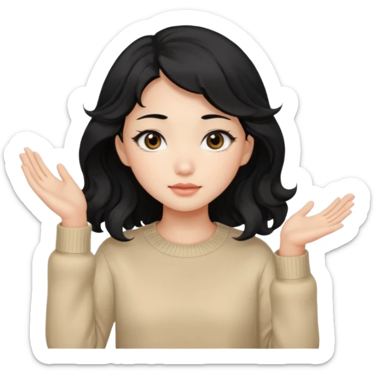 Beautiful girl,Black hair,wavy hair，long hair,Black eyes,Chinese, beige sweater  sticker