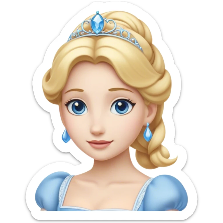 Cinematic Elegant Cinderella Portrait Emoji, Graceful and poised in her classic maid attire, golden locks cascading softly, bright blue eyes full of hope, a gentle glow of kindness and determination, delicate and humble yet undeniably beautiful, evoking the moment before her magical transformation, pure enchantment in her gaze! sticker
