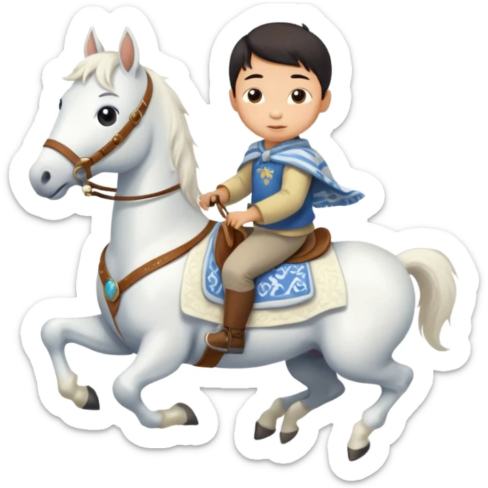 “A Chinese little boy is riding a cute white small horse, and the horse is running. The blanket on the saddle says ‘2026.’” sticker