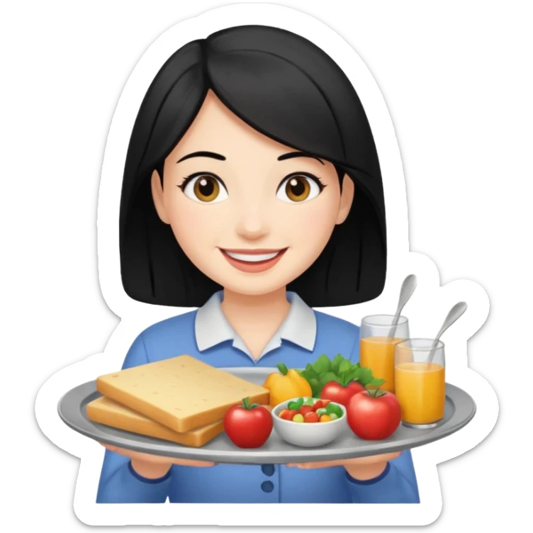 A woman black hair is holding a tray of food. sticker