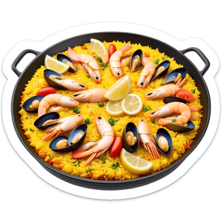 cinematic-realistic-paella-dish-emoji,-depicted-as-a-vibrant,-aromatic-rice-dish-loaded-with-seafood,-chicken,-and-saffron-rendered-with-rich-textures-and-dynamic,-warm-lighting with a lemon slice in the middle sticker