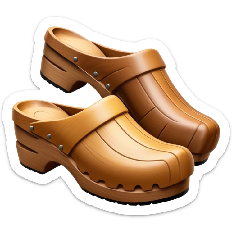 Cinematic Realistic Wooden Clogs Emoji, depicting the classic handcrafted footwear with a smooth, curved design and sturdy wooden soles, rendered with rich textures and warm, natural lighting. sticker