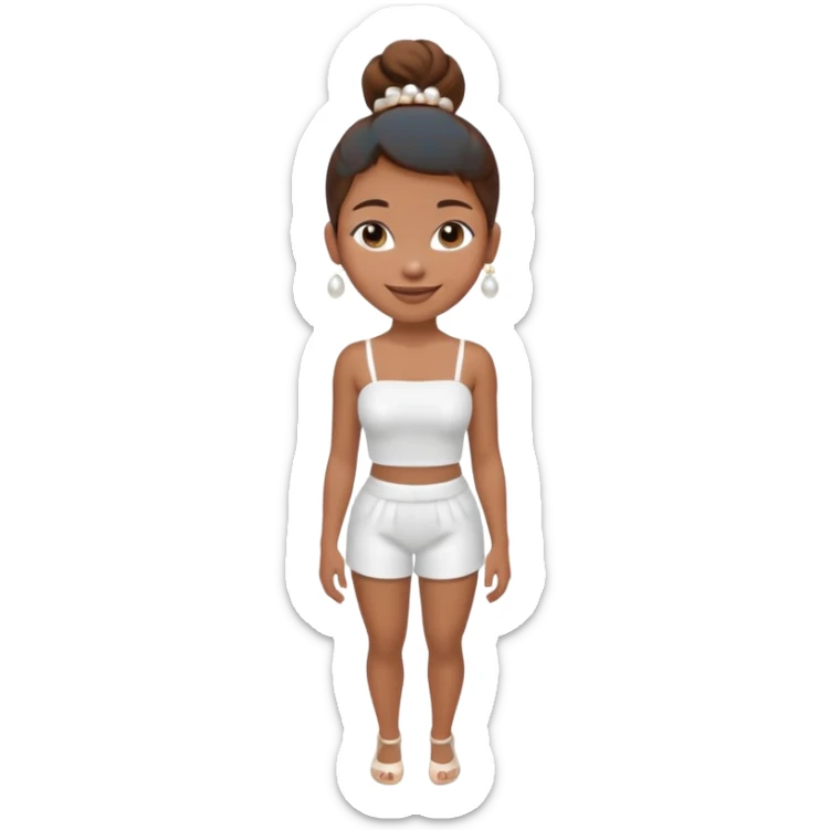 Full body, Light brown skin girl, brown hair in bun, smiling, white tube top, pearl earrings sticker