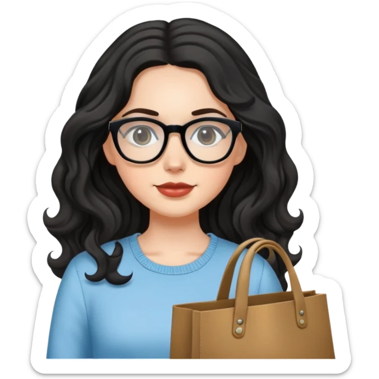 A white girl with black wavy long hair, wearing Wearing glasses and Crossing a tote bag sticker