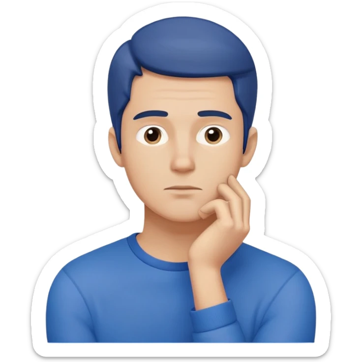 Close-up of a male character in blue clothing, with a thoughtful expression and hand resting on his chin, symbolizing deep thinking. Minimalist, modern style, focusing on facial expression and attire sticker
