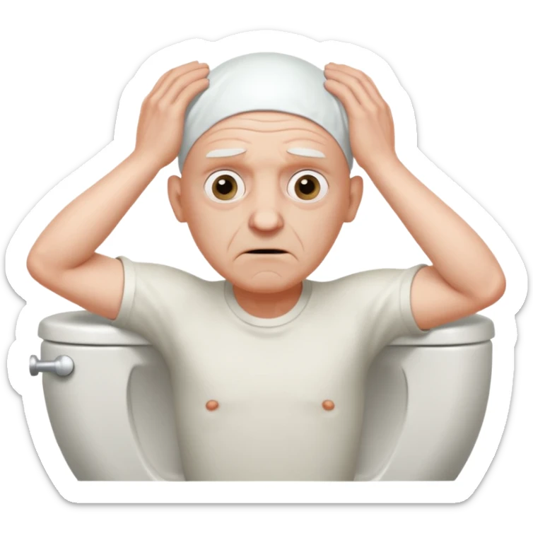 A bald person who’s very old is staring, he’s inside a toilet and his head is upright and looking at the camera with very wide eyes and his hands are putting pressure on his head, very scared expression sticker