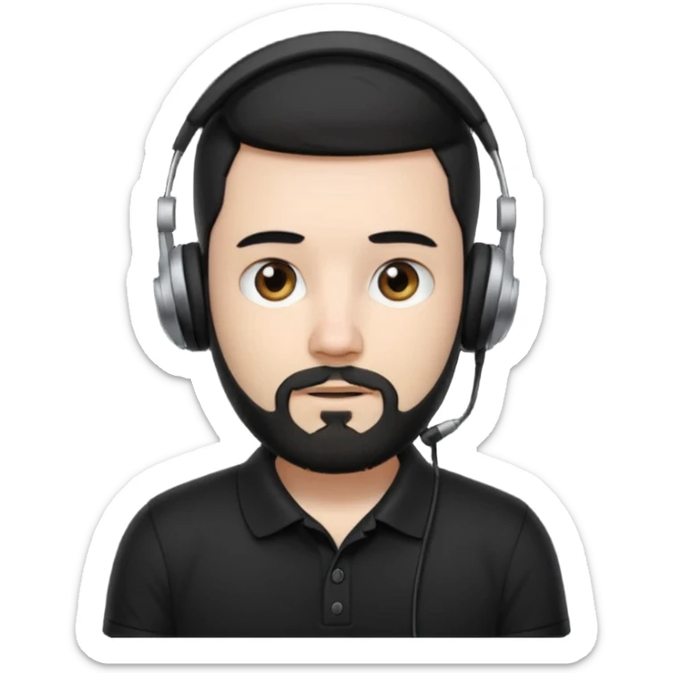 black and  hair with beard and headphones white skin male and nice polo shirt hair short on side black polo  sticker