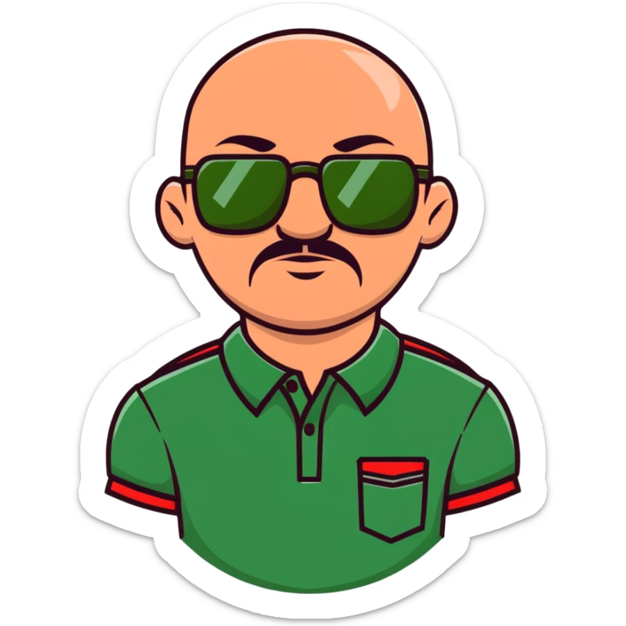 muscular bald man with a red chin goatee, wearing a dark green polo shirt and dark green glasses sticker