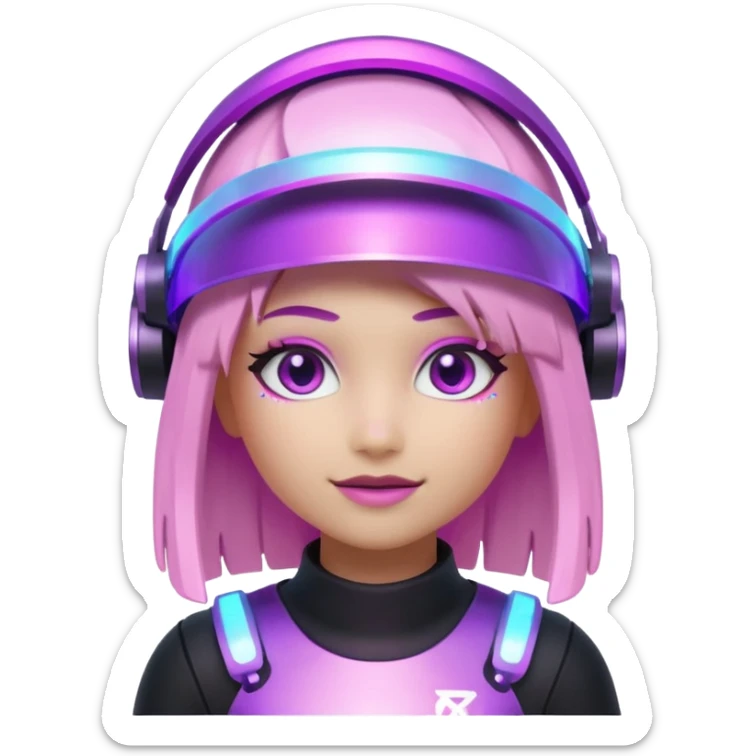 “Futuristic Roblox girl emoji, 2050 style. Pink-purple holo visor, light-strand hair, digital eyes sparkle, metallic pastel glow, neon aura background.” sticker