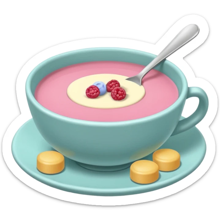 tazita de sopa, pastillas en estilo aesthetic y una camita rosada. sticker