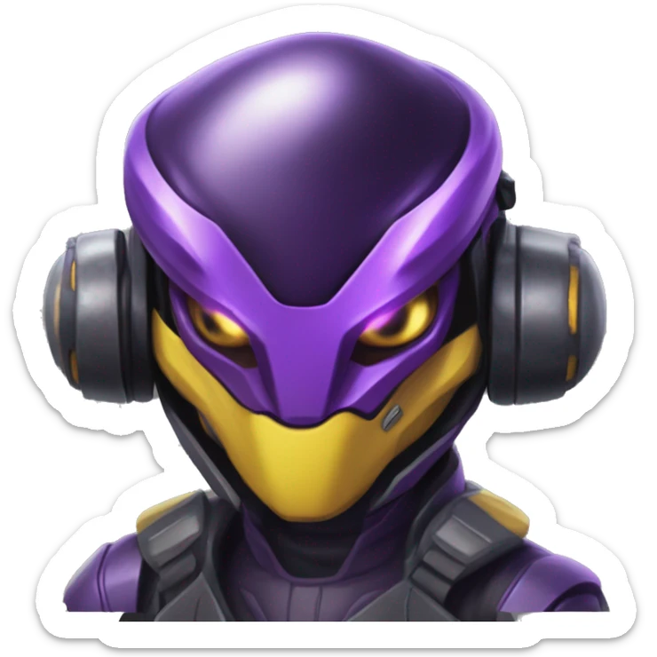 a shiny black-purple-yellow Genesect-Raptor-Fakémon—hybrid with a futuristic visor-helmet full bod sticker