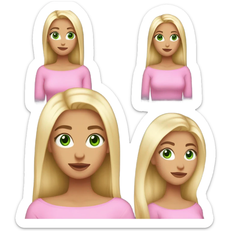 blonde girl with green eyes, smooth skin, pink off shoulder sweater, long blow out hair sticker