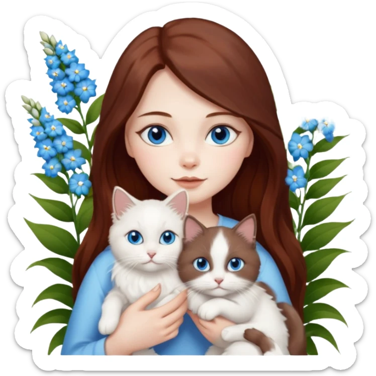 A woman with long dark auburn hair holding three white ragdoll cats in the flowers sticker