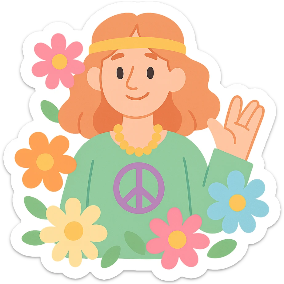 flower child, 1960s hippie, pastel colors, gentle smile, surrounded by flowers, soft illustration sticker