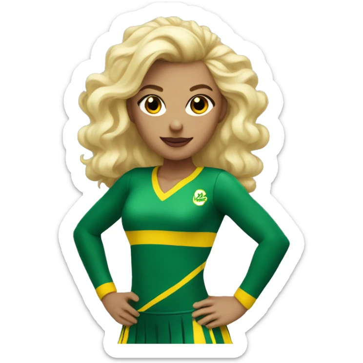 Blonde Cheerleader in green and yellow uniform with pom poms in her hands sticker