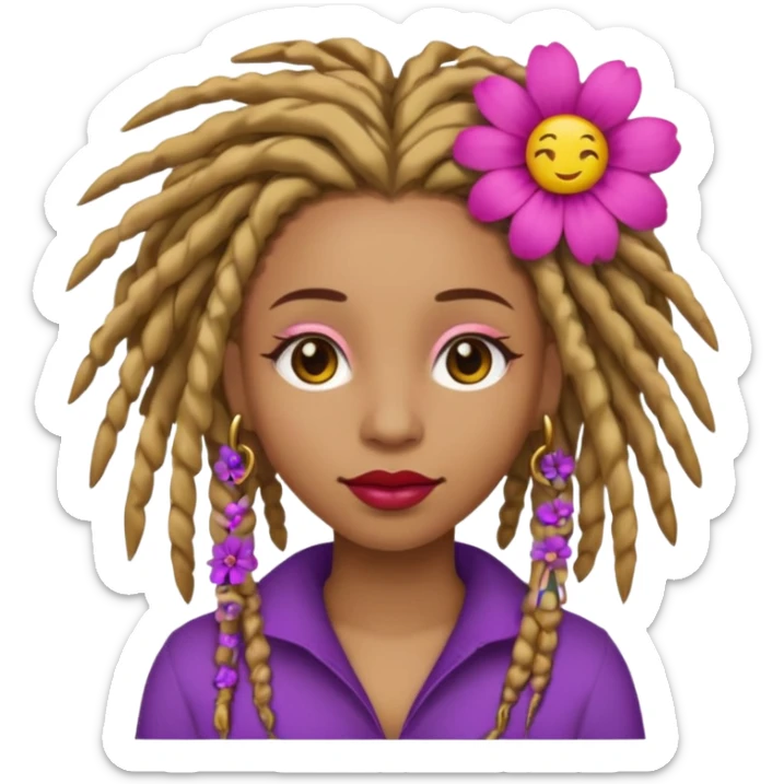 Gold dread locs pink emoji face purple flower in the hair red lipstick light brown face   sticker