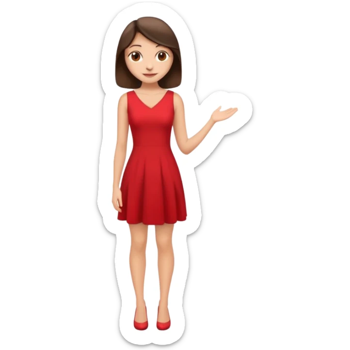 Cartoon emoji of a young brunette woman with fair-medium skin, brown eyes, wearing a red outfit. Full-height, standing confidently in a red dress  posing sexy with a smile and relaxed posture. Smooth, friendly, stylized, make up on, flirty eyes and smile sticker