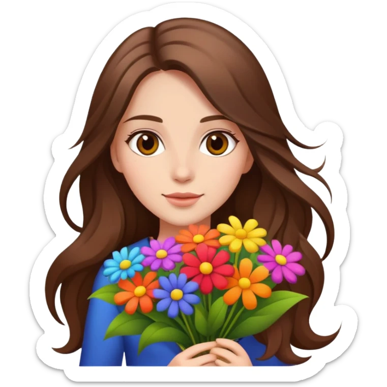 Cool girl with long brown hair holding a bouquet of flowers sticker