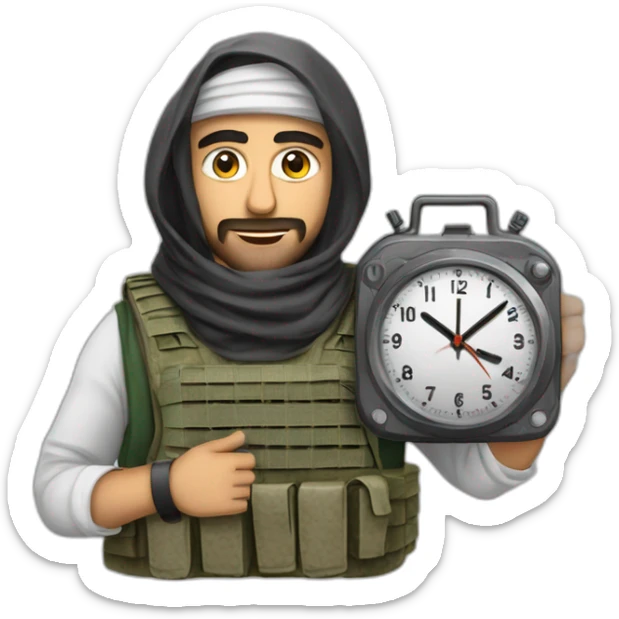 arab man wearing a keffiyeh and a plate carrier with many wires crossing the front and a single analog clock sticker