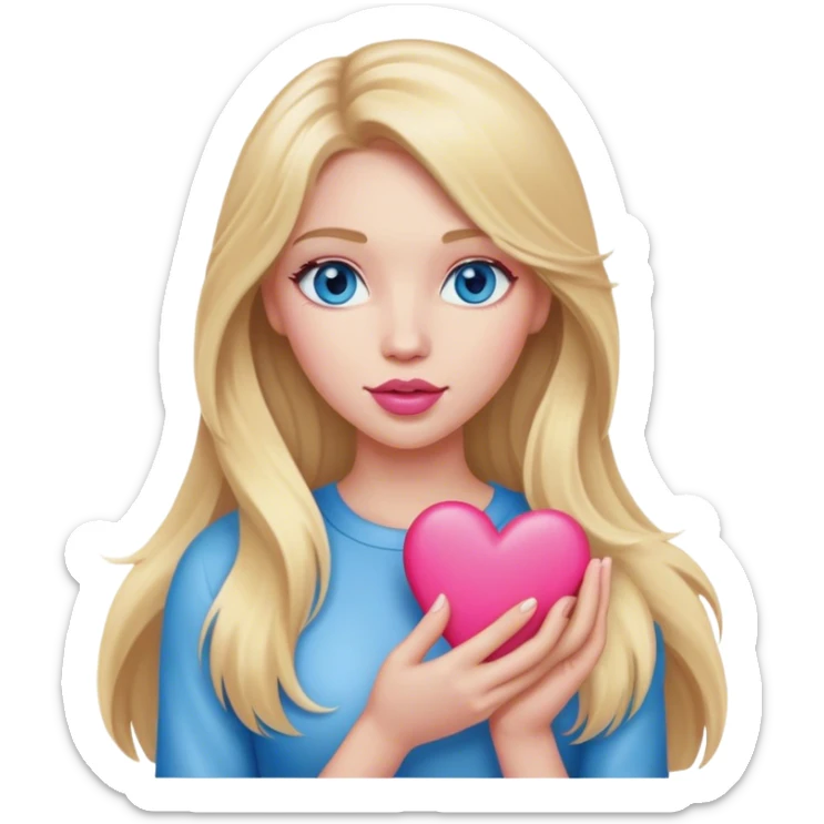 A realistic blonde with long hair and blue eyes and pink lips holds a heart in her hand sticker
