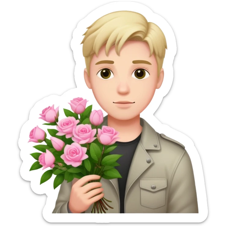 A cool bad boy with fair skin holding a bouquet of pink jasmine roses sticker