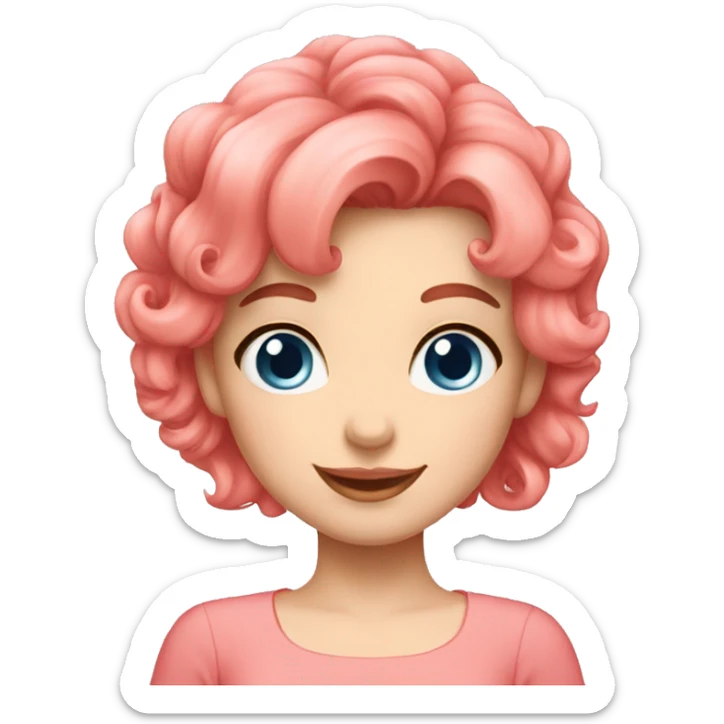 Girl coral pink hair, blue eyes, pink bow, pink blouse, happy sticker