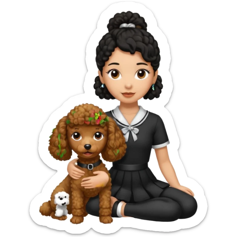 Brown poodle with tie up black hair girl say thank you sticker