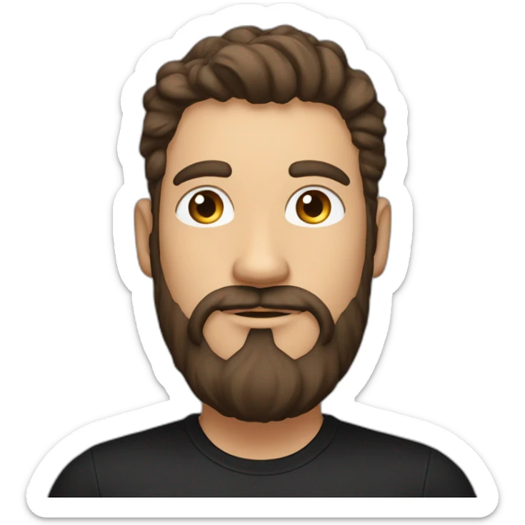 White man with a sun kissed tan and blue eyes. His hair is dark brown, styled sideways backwards. He has a beard and mustache trimmed. Wears s black t-shirt. sticker