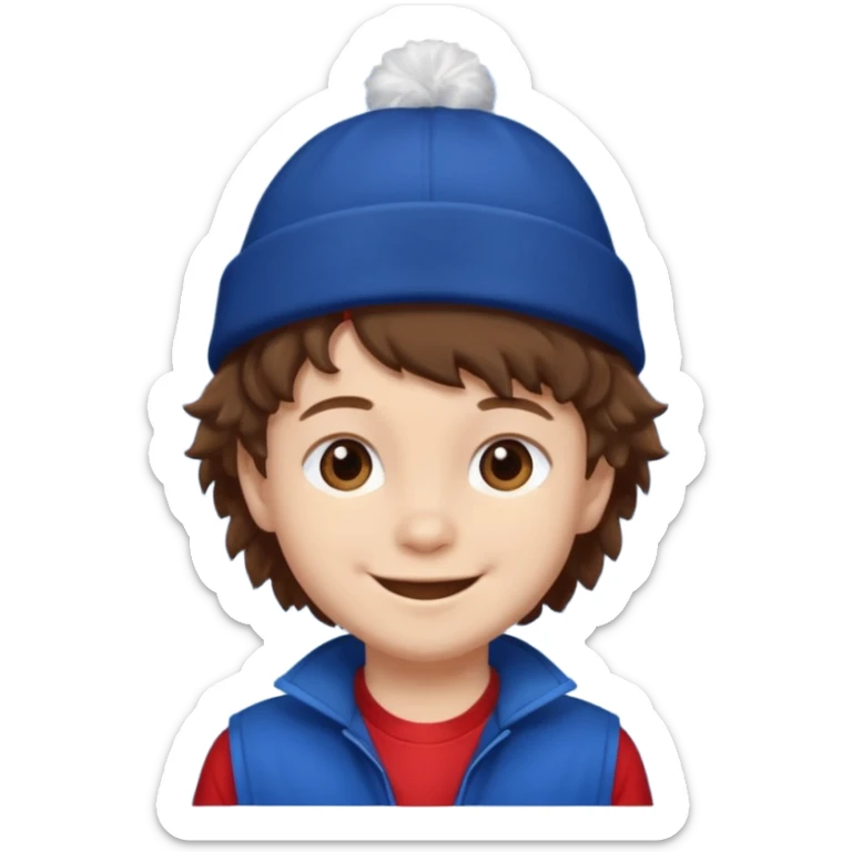 brown fluffy hair kid with blue and white hat dark blue jilet red t shirt sticker