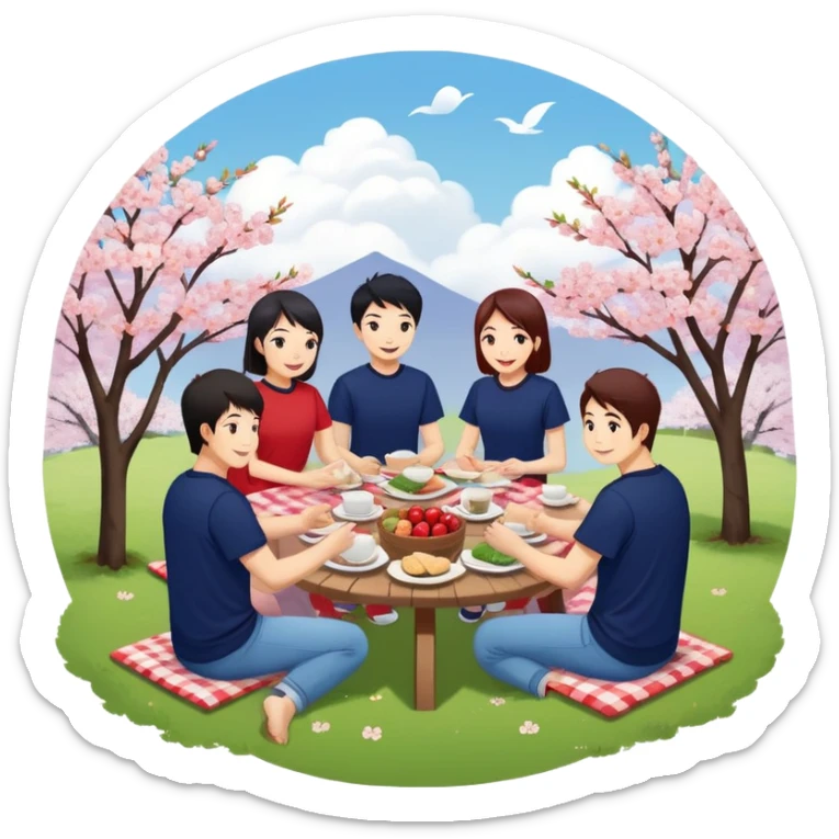 "East Asian teams in department-colored tees (navy/R&D, crimson/sales, sage/HR) picnic under blossoms. Sunlord cloud above. Circular minimal art." sticker