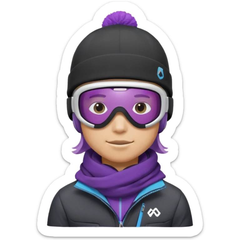 Pro Snowboarder with white and grey beanie, ONE pair of purple and blue frameless goggles on and a black jacket sticker