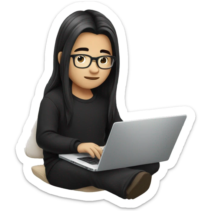 asian boy with glasses, long hair working, wearing black clothes , on his laptop  sticker