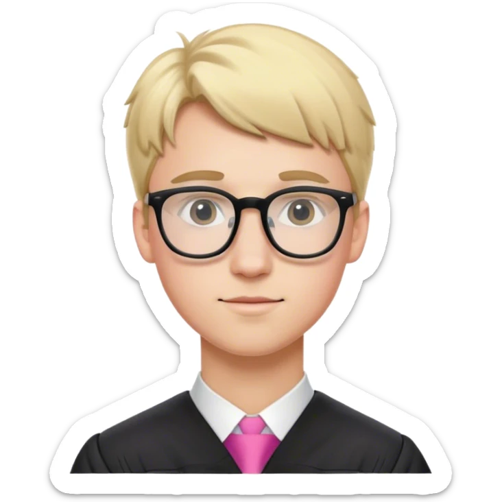 A blonde-haired young white man, wearing glasses, in the middle of his graduation with black and pink theme sticker