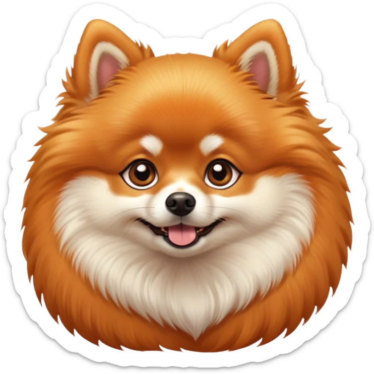 Cinematic Cute Orange Pomeranian Portrait Emoji, Head tilted playfully and inquisitively, featuring a luscious, fluffy orange Fur with a natural sheen, round, sparkling brown eyes filled with curiosity, Simplified yet irresistibly adorable features, highly detailed, glowing with a warm, friendly glow, high shine, affectionate and lively, stylized with a touch of whimsy, bright and endearing, soft glowing outline, capturing the essence of a mischievous yet loving pup, so playful it feels like it could scamper out of the screen and into your arms! sticker