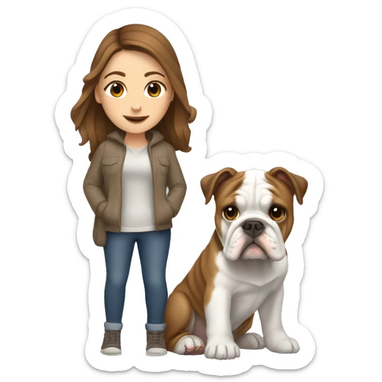 White girl with brown hair holding English bulldog sticker