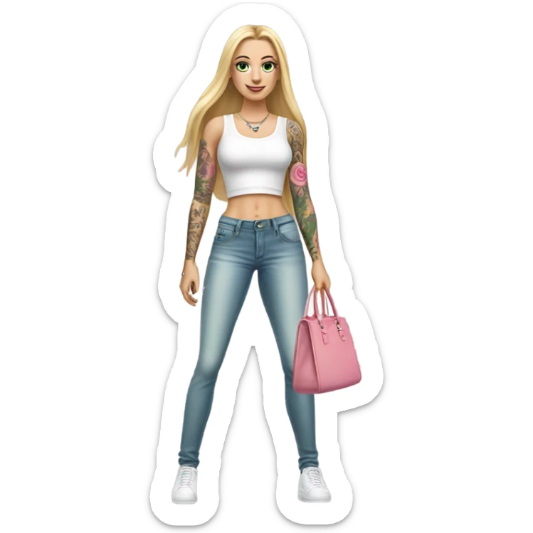 Realistic White girl with Long straight blonde hair, green eyes, tattoos, full body wearing white crop top and jeans, holding pink handbag sticker