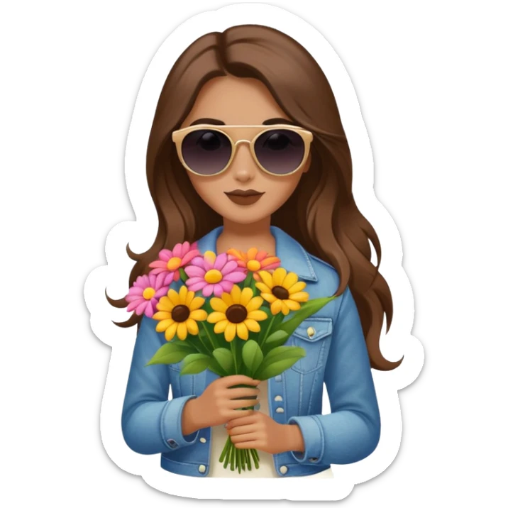 cool girl with long brown hair holding a bouquet of flowers, sunglasses, trendy sticker
