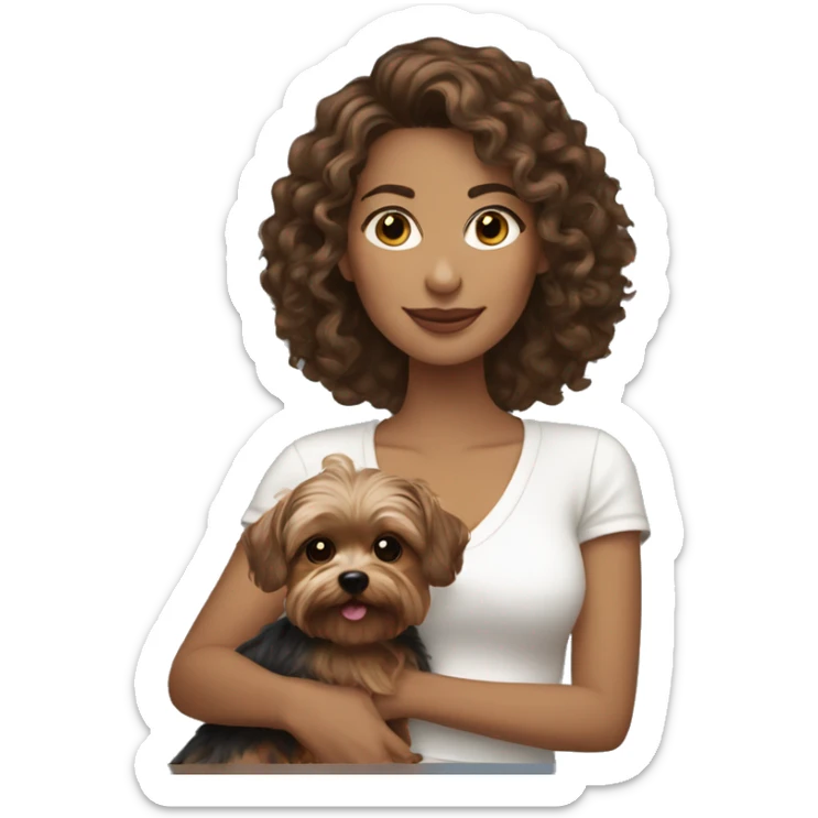 white women with curly medium length brunette hair, holding a cute yorkie dog sticker