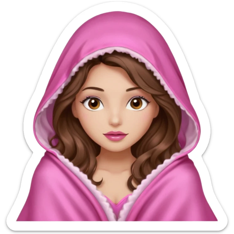 girl with long wavy brown hair, brown eyes, long lashes makeup, sexy pink lips, light to medium complexion, wearing a pink sexy silk top, big blanket over the head cozy  sticker