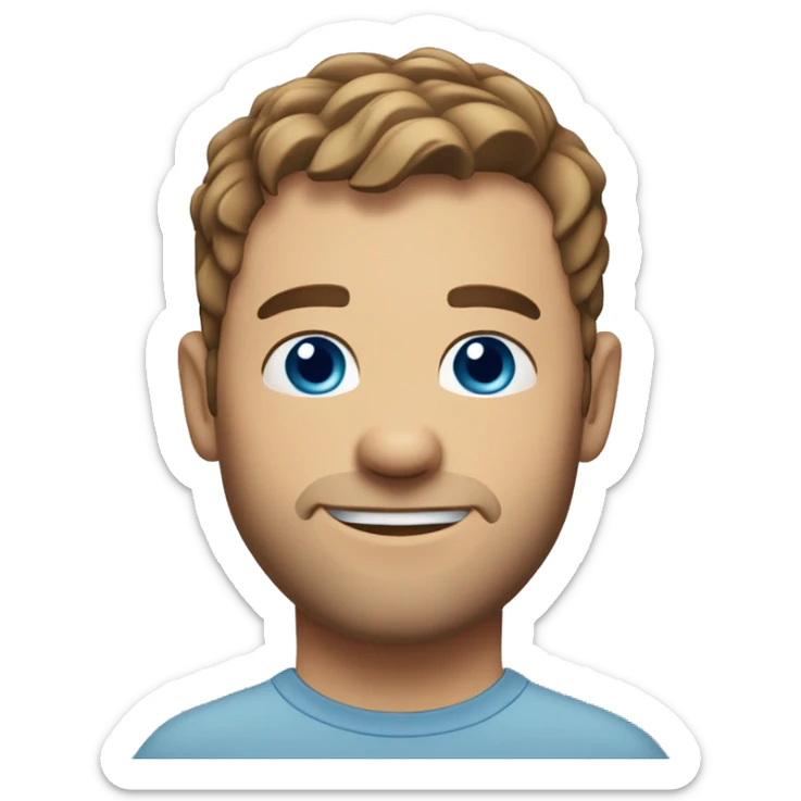 A head and shoulders shot of a 33 year old Caucasian man, with short brown hair,   with blue eyes wearing a t-shirt. sticker