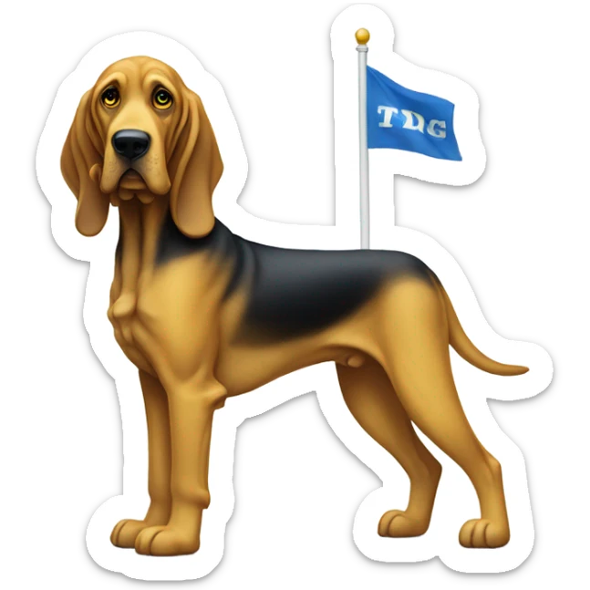 A Blue and yellow bloodhound dog standing erect on its hind legs with a white flag attached to its tail. sticker