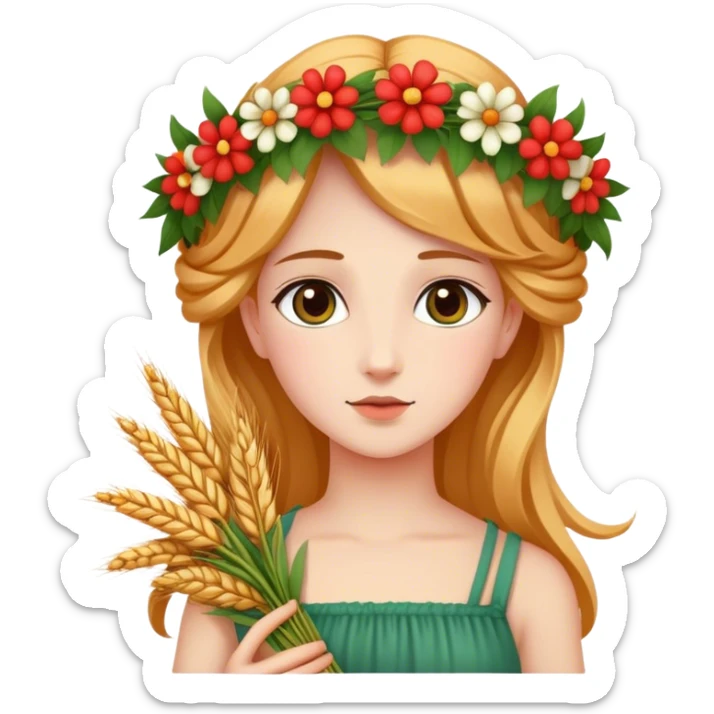 In Greek mythology, Persephone is portrayed as a youthful and attractive goddess with fair skin. She is commonly depicted wearing a wreath of flowers on her head and holding sheaves of grain or a flaming torch.  sticker