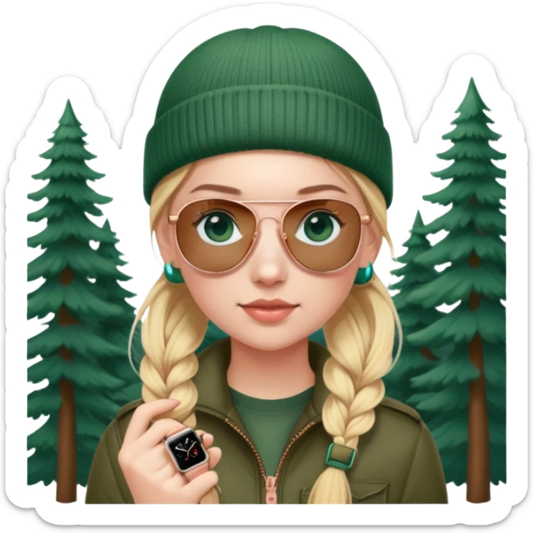 girl with pigtailed blond hair
with blue eyes and aviator sunglasses

wearing beanie
wearing (rose gold apple watch with forest green band) sticker