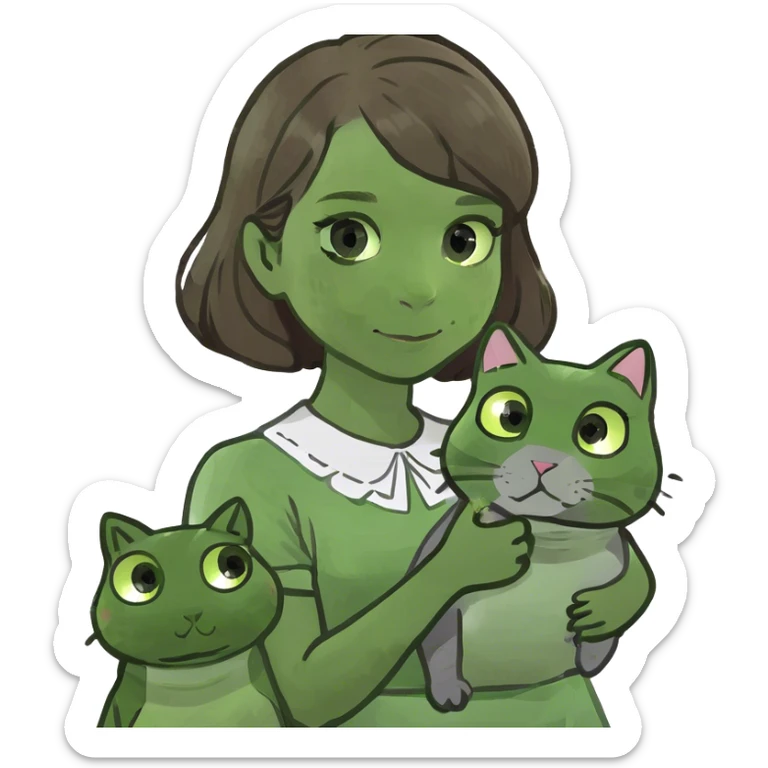 A girl with brown hair holding a grey cat and a cat that is grey and white sticker