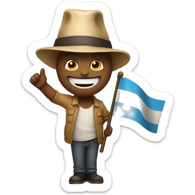 A cheerful and welcoming emoji waving hello, maybe wearing a party hat or holding a flag that says 'Hello!' sticker